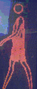 Animation en boucle d'un personnage féminin marchant. Le personnage ressemble aux symboles affichés (sans animation) pour traverser aux feux rouge .